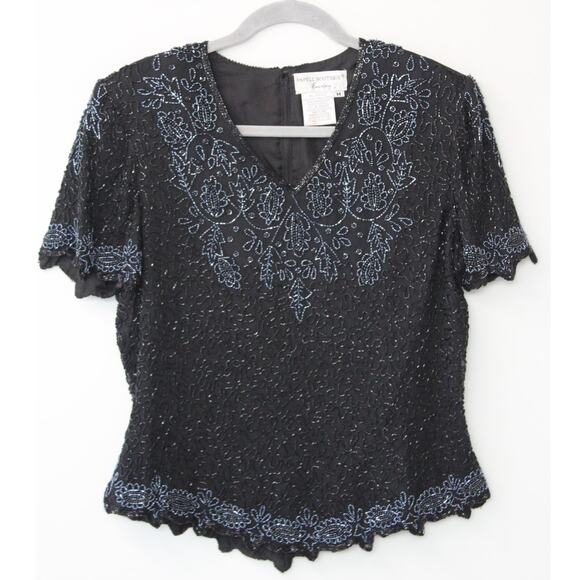 Vintage Papell Boutique Evening Black Intricately Beaded Zip Up Silk Blouse Sz M - Picture 1 of 7